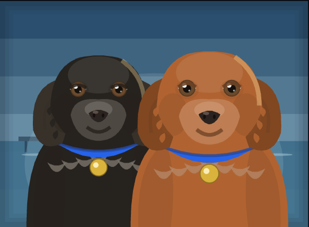 Queen Georgia, a black Lab, and Empress Virginia, a red Lab, side by side before their harbor.