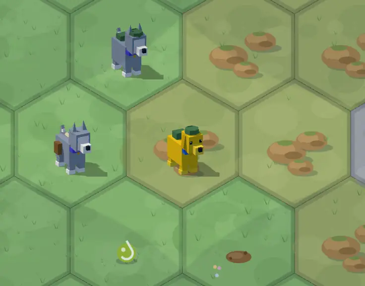 A scout dog trots a loop of hexes across the grass.
