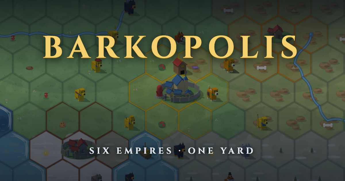 Barkopolis key art: the golden wordmark over the dog-planet at night.