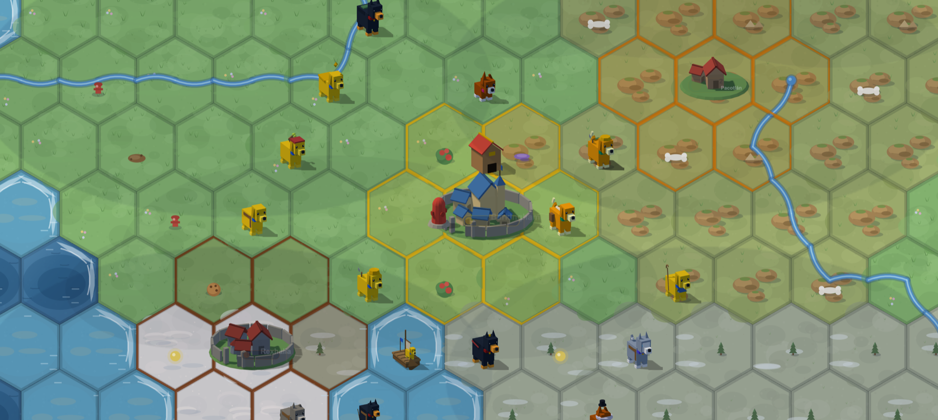 A Barkopolis map in mid-game: three dog cities — a walled gold capital, a red-roofed rival town, and a small hamlet — with scouts, workers, and warrior dogs of six coat colors spread across grassland, snow, rivers, and a raft crossing the water.